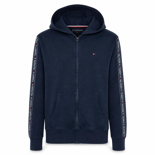 Front view of Tommy Hilfiger men’s blue full zip hoodie m logo cotton sweatshirt