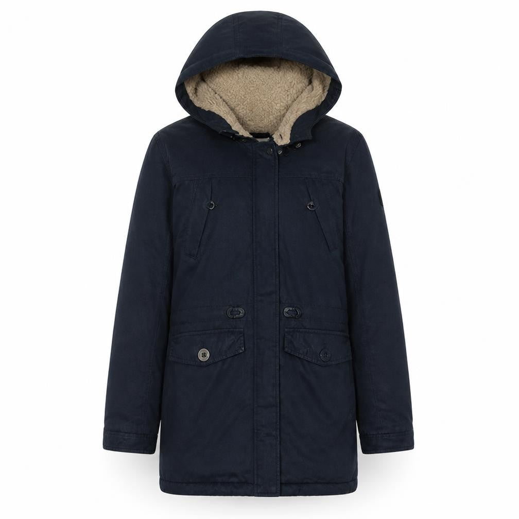 Front view of Levi's women’s blue hooded parka jacket, size UK 12, lined winter coat