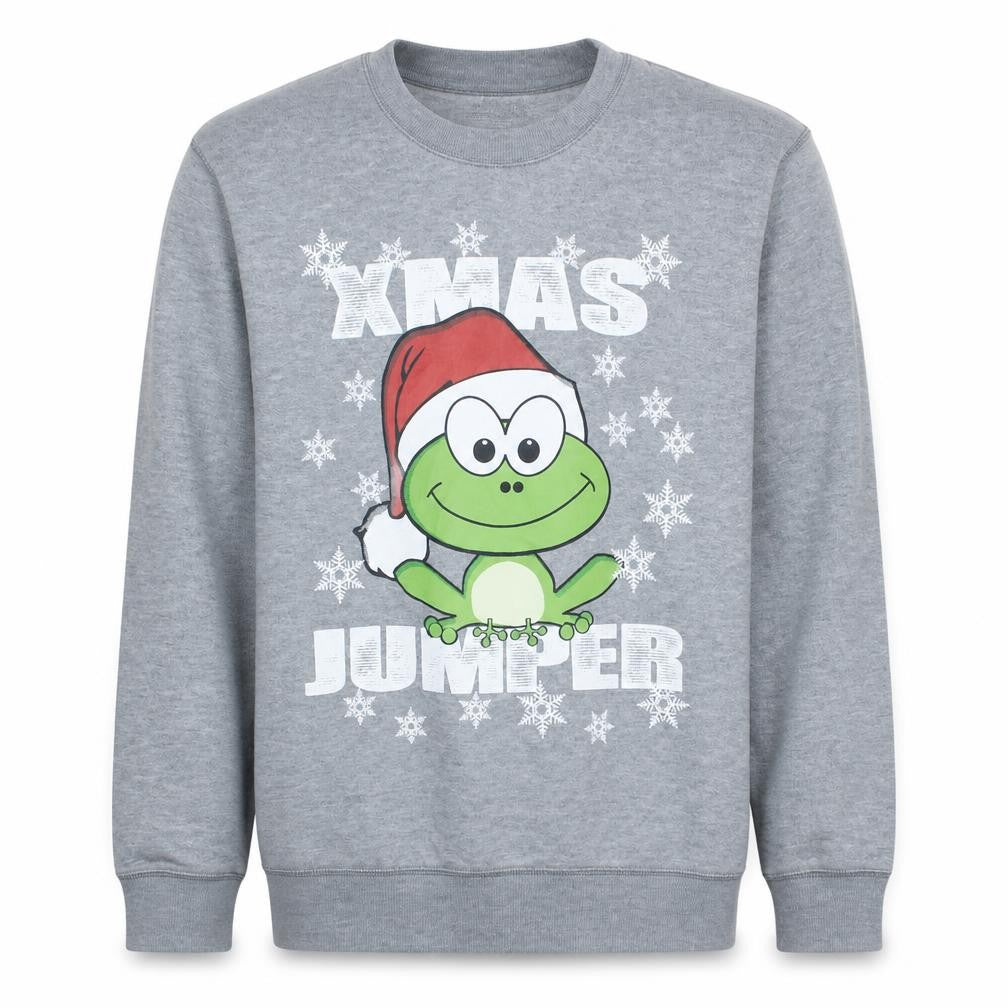 Front view of Easy men’s grey xl christmas frog sweatshirt jumper