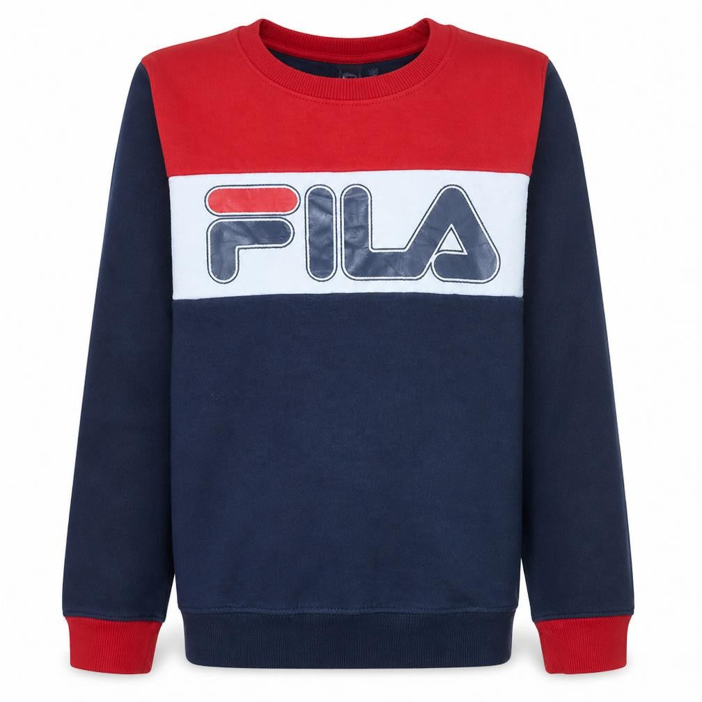 Front view of Fila boys’ navy red colourblock crew neck sweatshirt size 164cm