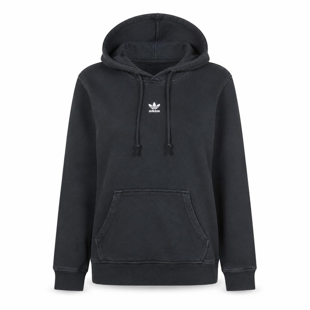 Front view of Adidas women’s black pullover hoodie, size UK 6, cotton blend casual