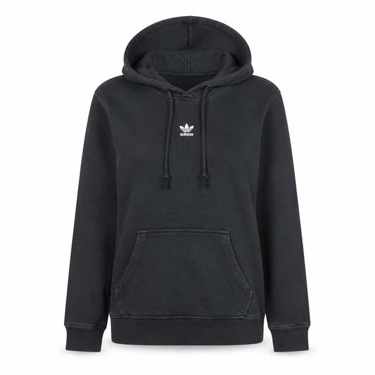 Front view of Adidas women’s black pullover hoodie, size UK 6, cotton blend casual