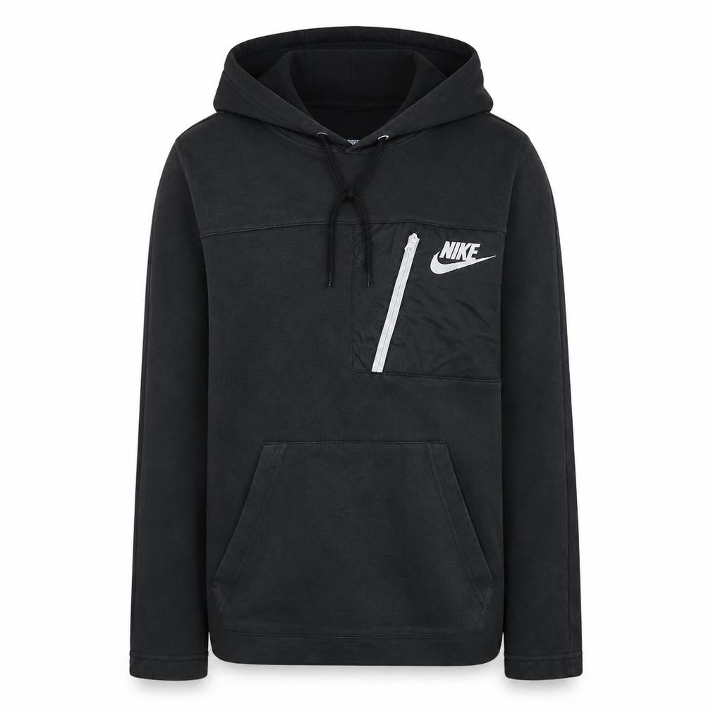 Front view of Nike Men's Black XS Pullover Hoodie with Logo and Zip Pocket