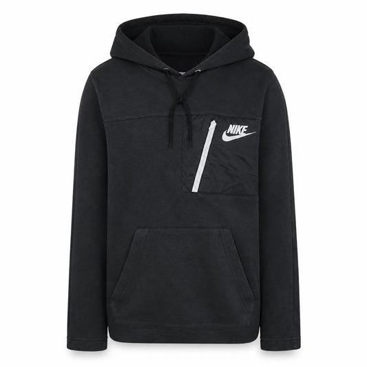 Front view of Nike Men's Black XS Pullover Hoodie with Logo and Zip Pocket