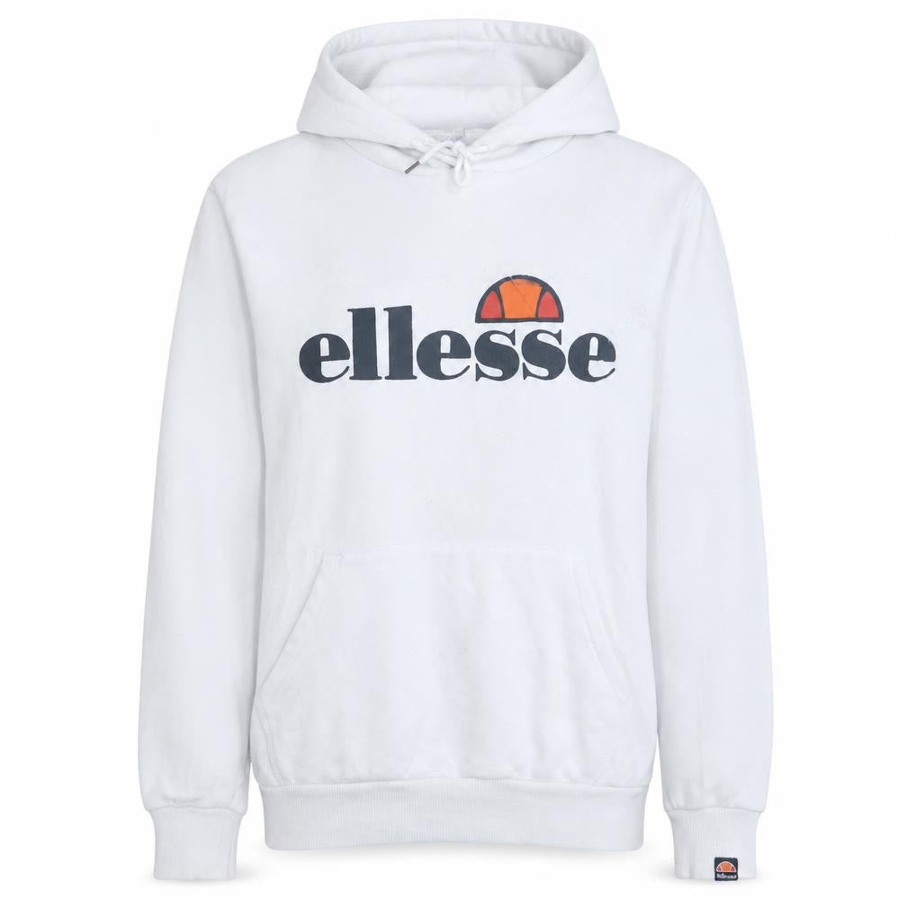 Front view of Ellesse Women's White Pullover Hoodie UK 14 Cotton Blend Logo Sweatshirt