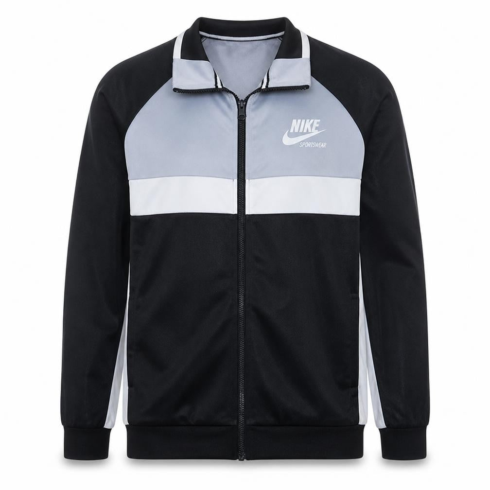 Front view of Nike Men's Black & Grey Track Jacket, size L, Full Zip Polyester