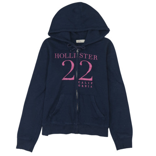 Hollister Women Navy Blue Full Zip Hoodie L Cotton Blend Graphic