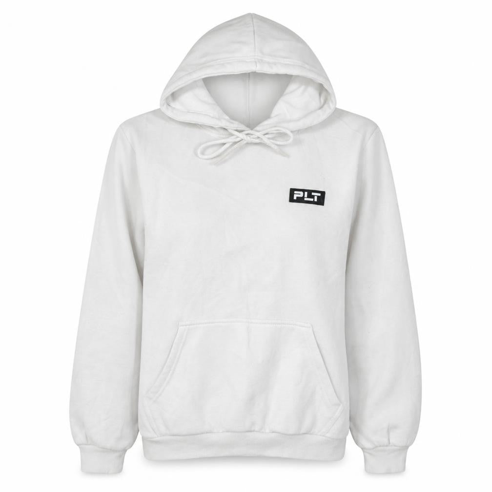 Front view of PRETTYLITTLETHING women’s white hoodie small pullover cotton blend