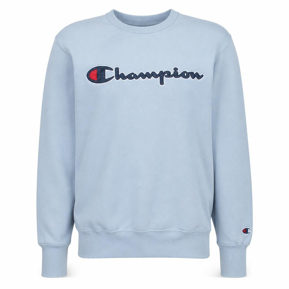 Front view of Champion Men's Blue Small Pullover Sweatshirt with Logo