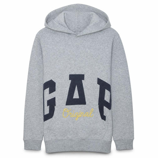 Front view of Gap Teens Grey Pullover Hoodie XL Fleece Embroidered Logo Sweatshirt