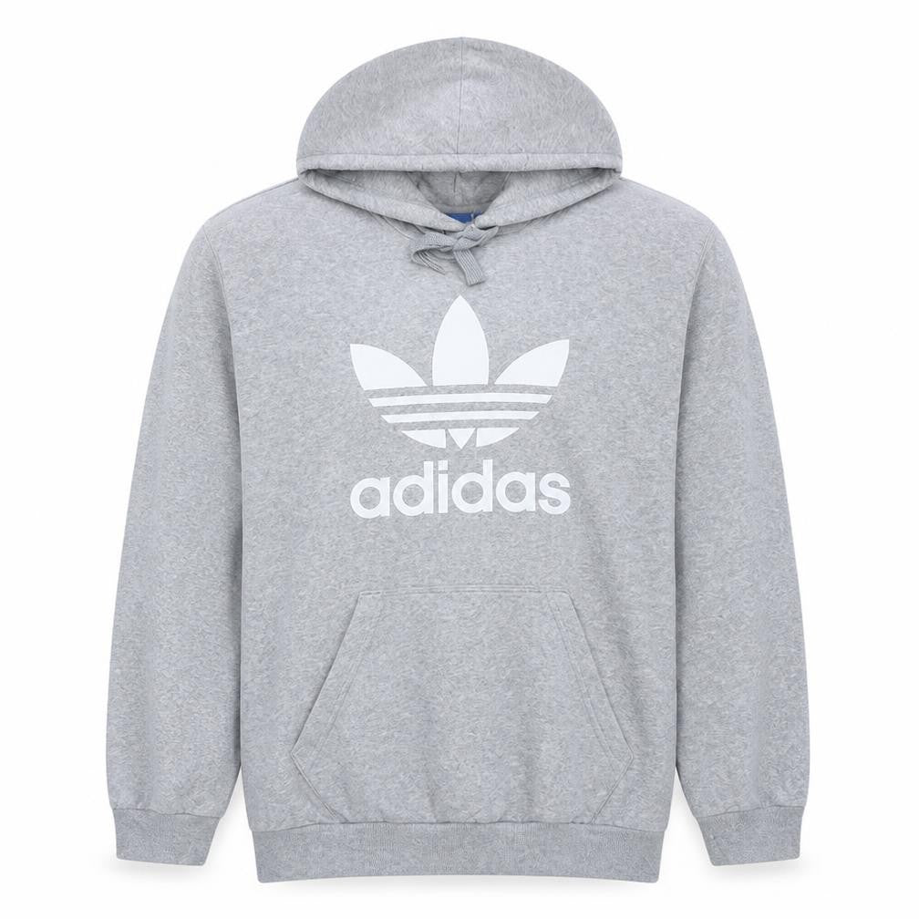Front view of Adidas Men Grey XL Pullover Hoodie with Logo Graphic Print