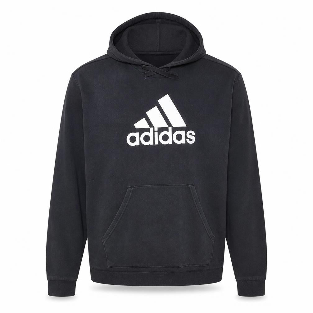 Front view of Adidas Men's Black Pullover Hoodie, size M, Logo Sportswear