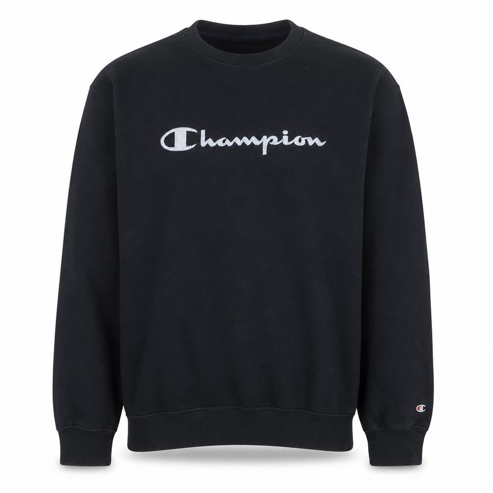 Front view of Champion Men’s Black XL Pullover Sweatshirt Embroidered Logo Fleece