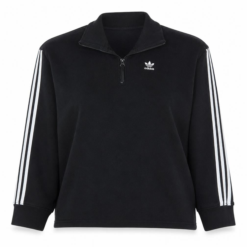 Front view of Adidas women’s black 1/4 zip sweatshirt, size UK 10, cotton blend