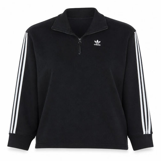 Front view of Adidas women’s black 1/4 zip sweatshirt, size UK 10, cotton blend