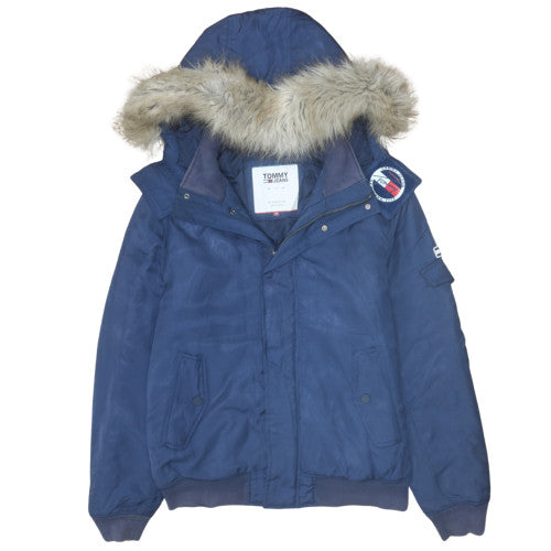 Tommy Hilfiger Men’s Blue Puffer Jacket Hooded Faux Fur Trim Size M