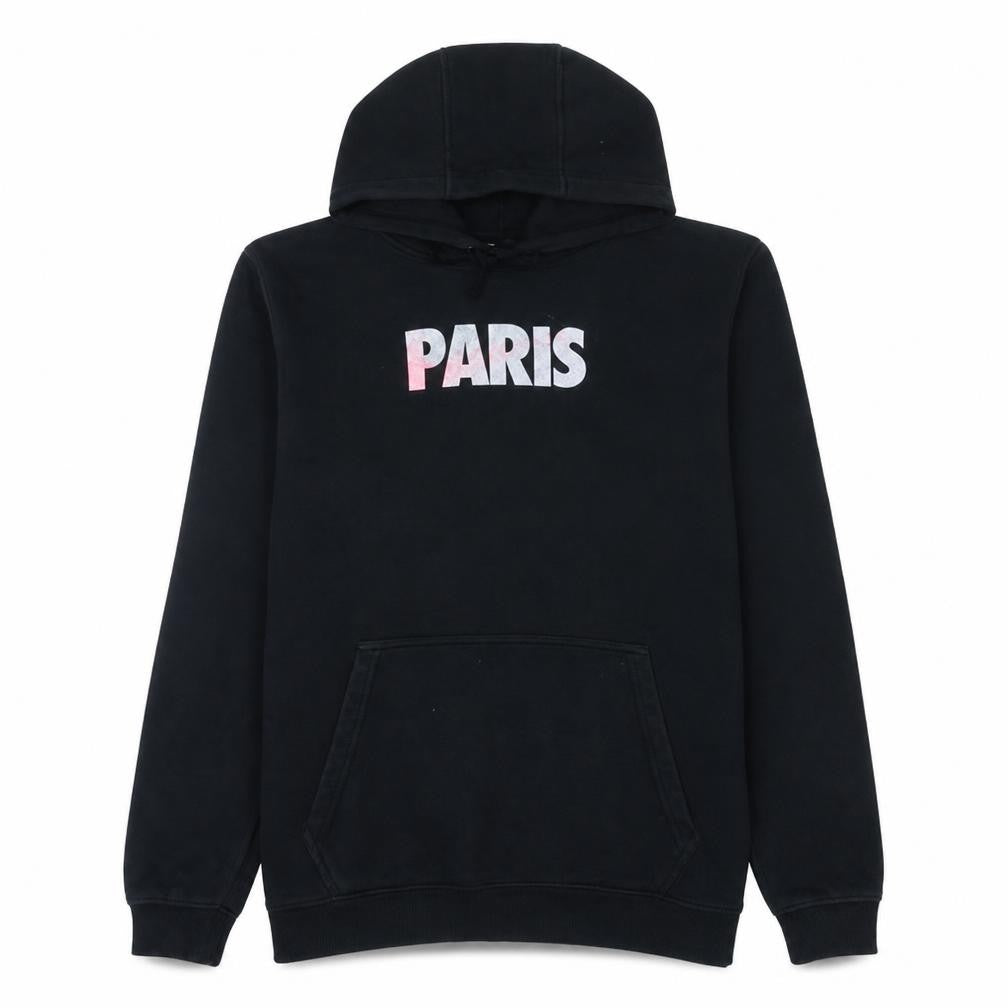 Front view of Nike Men's Black Paris Pullover Hoodie, size L, Fleece Sweatshirt