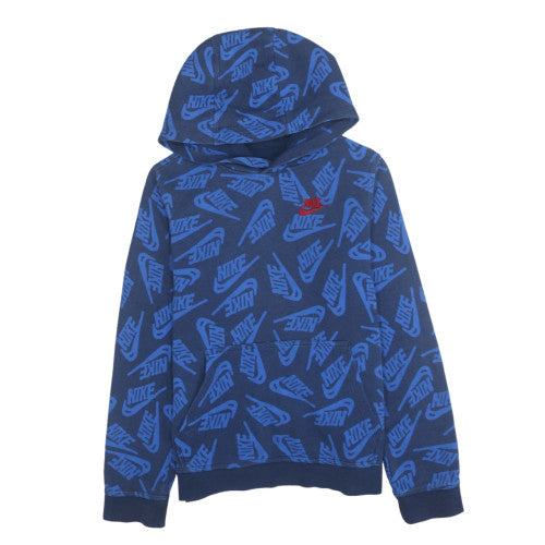 Nike Boys Blue Logo Print Pullover Hoodie Size L Cotton Blend