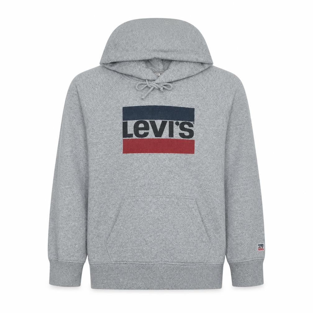 Front view of Levi's Men's Grey Pullover Hoodie L Logo Graphic Fleece Sweatshirt