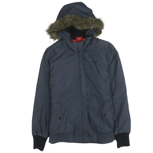 Puma Women's Blue Hooded Fur Trim Short Puffer Jacket Size M