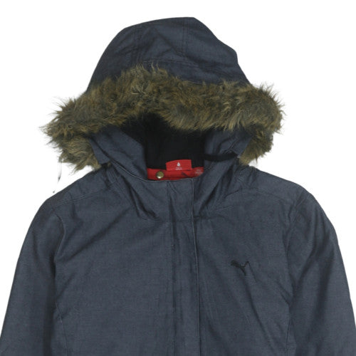 Puma Women's Blue Hooded Fur Trim Short Puffer Jacket Size M