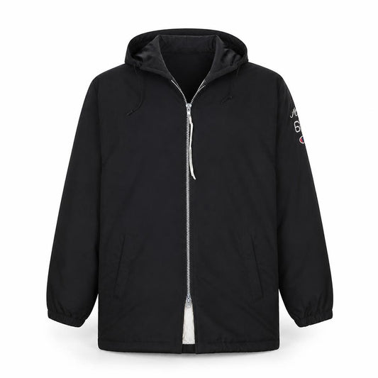 Front view of Champion Men's Black Hooded Football Jacket L Insulated Vintage