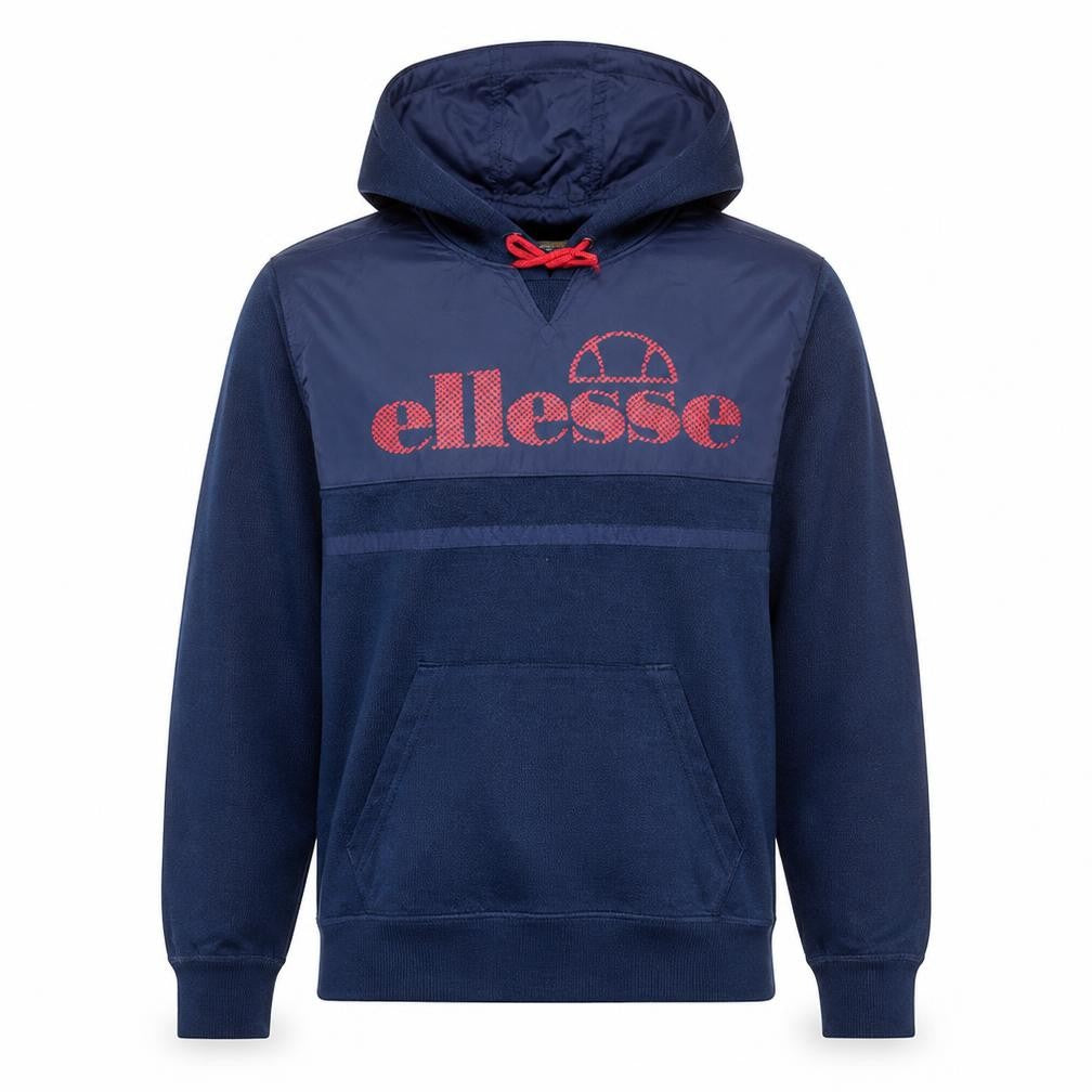 Front view of Ellesse Men's Blue Pullover Hoodie L Logo Sports Sweatshirt