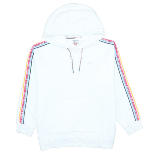 Tommy Hilfiger Women White Hoodie Medium Drawstring Logo Tape Cotton