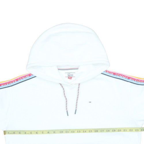 Tommy Hilfiger Women White Hoodie Medium Drawstring Logo Tape Cotton