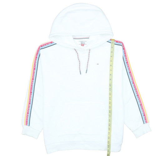 Tommy Hilfiger Women White Hoodie Medium Drawstring Logo Tape Cotton