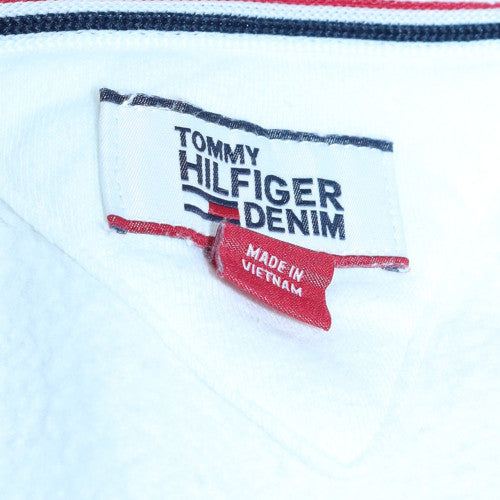 Tommy Hilfiger Women White Hoodie Medium Drawstring Logo Tape Cotton