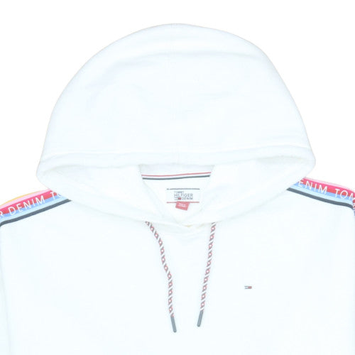 Tommy Hilfiger Women White Hoodie Medium Drawstring Logo Tape Cotton