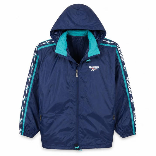 Front view of Reebok Men’s Blue Retro Hooded Windbreaker Jacket, size S