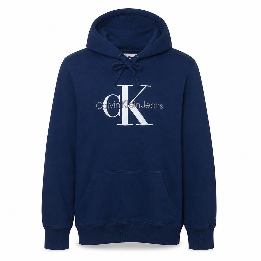 Front view of Calvin Klein Jeans Men's Blue Pullover Hoodie, size L, Logo Cotton