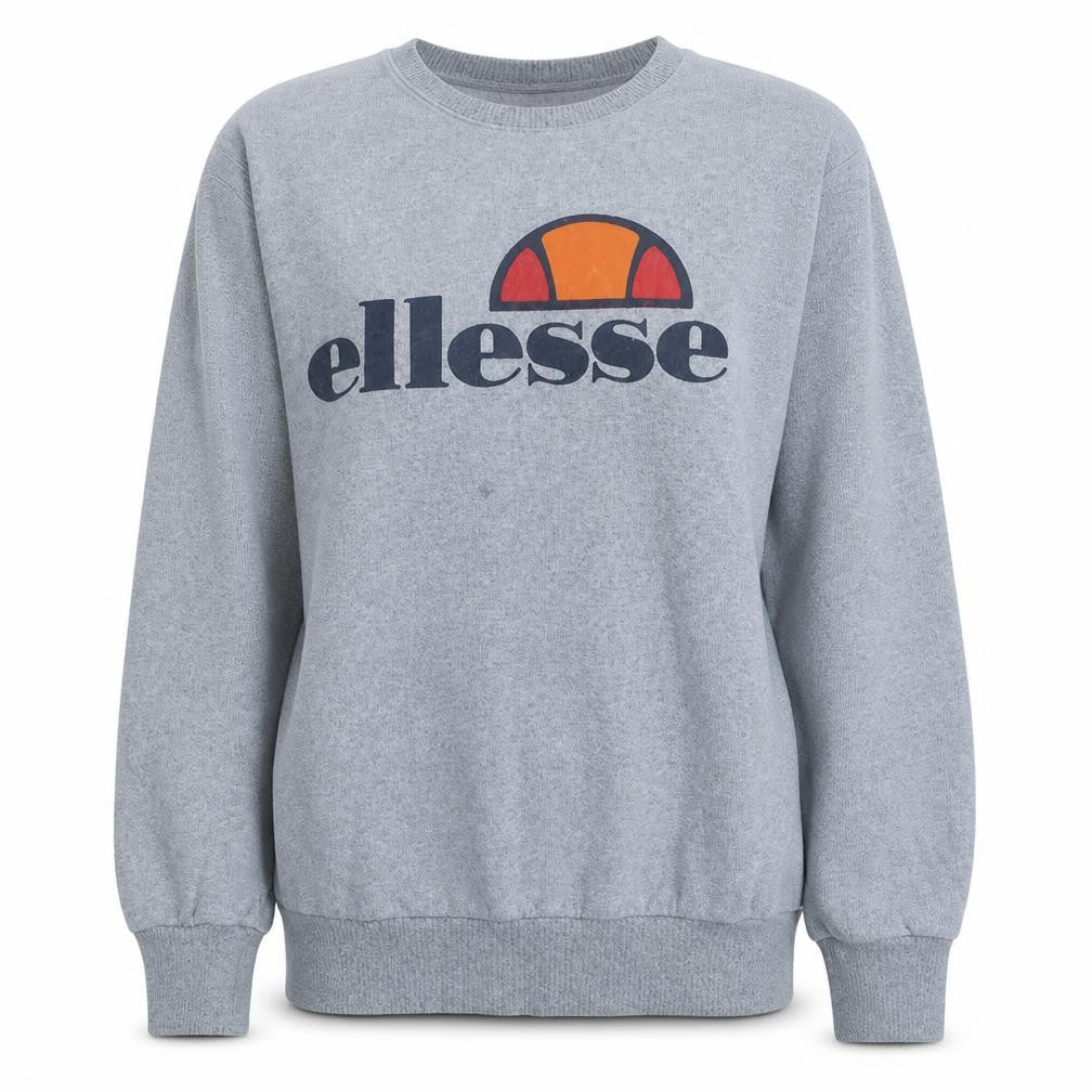 Front view of Ellesse women’s grey logo crew neck pullover sweatshirt uk 12