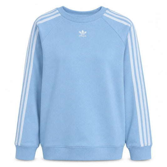 Front view of Adidas Women Blue Crew Neck Sweatshirt, size 8, Logo Raglan Sleeve