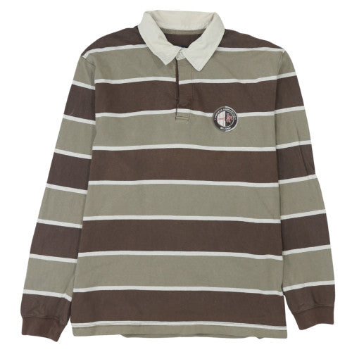 TCM Men's Brown & Beige Long Sleeve Striped Polo Shirt Size L
