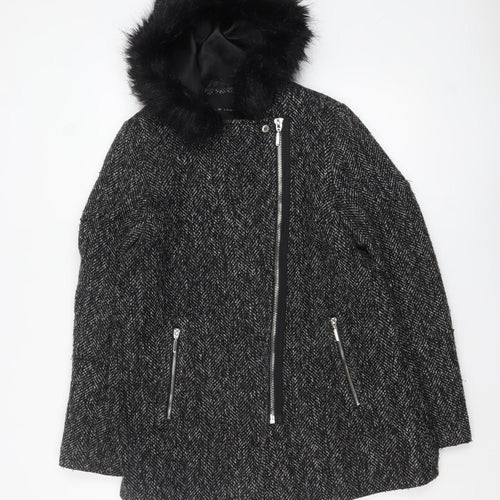 New Look Women's Black Wool Blend Faux Fur Hooded Coat Size 12