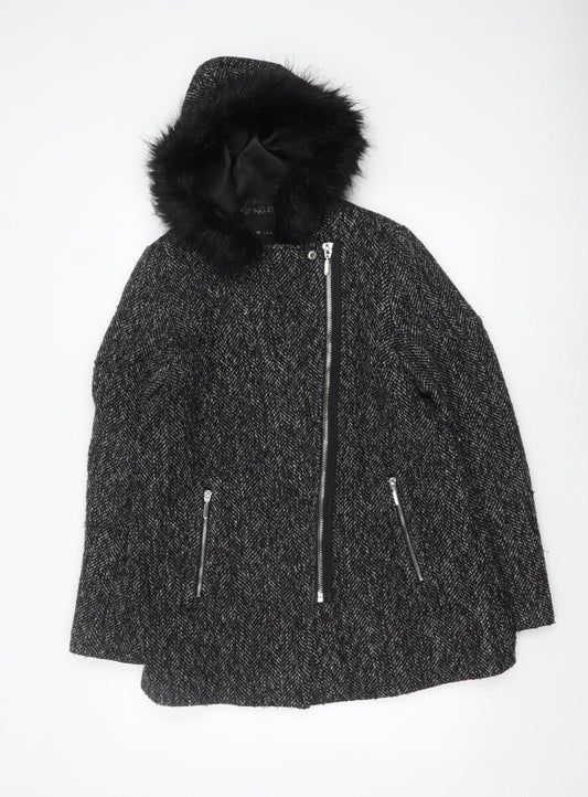 New Look Women's Black Wool Blend Faux Fur Hooded Coat Size 12