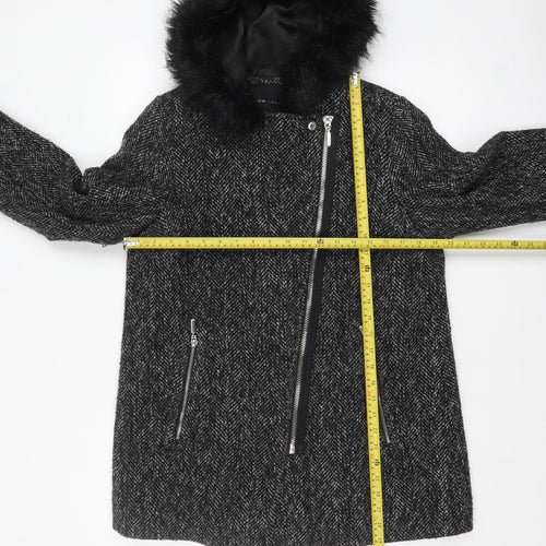New Look Women's Black Wool Blend Faux Fur Hooded Coat Size 12