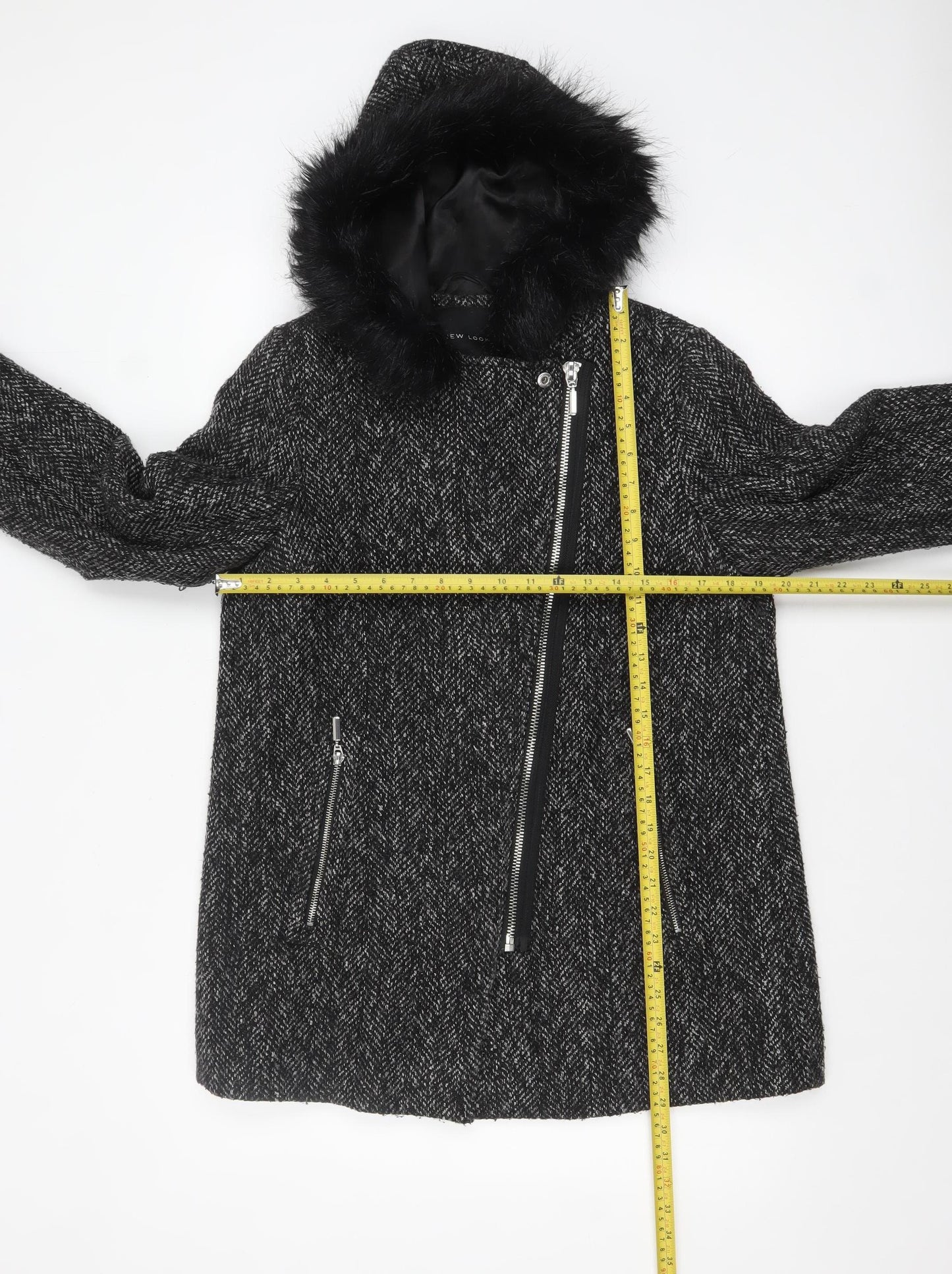 New Look Women's Black Wool Blend Faux Fur Hooded Coat Size 12