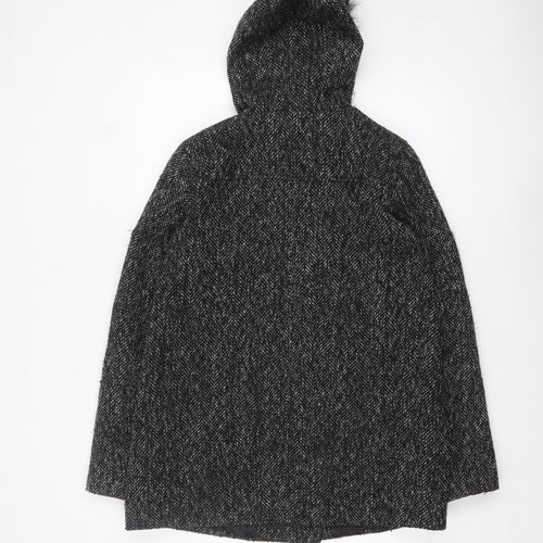 New Look Women's Black Wool Blend Faux Fur Hooded Coat Size 12