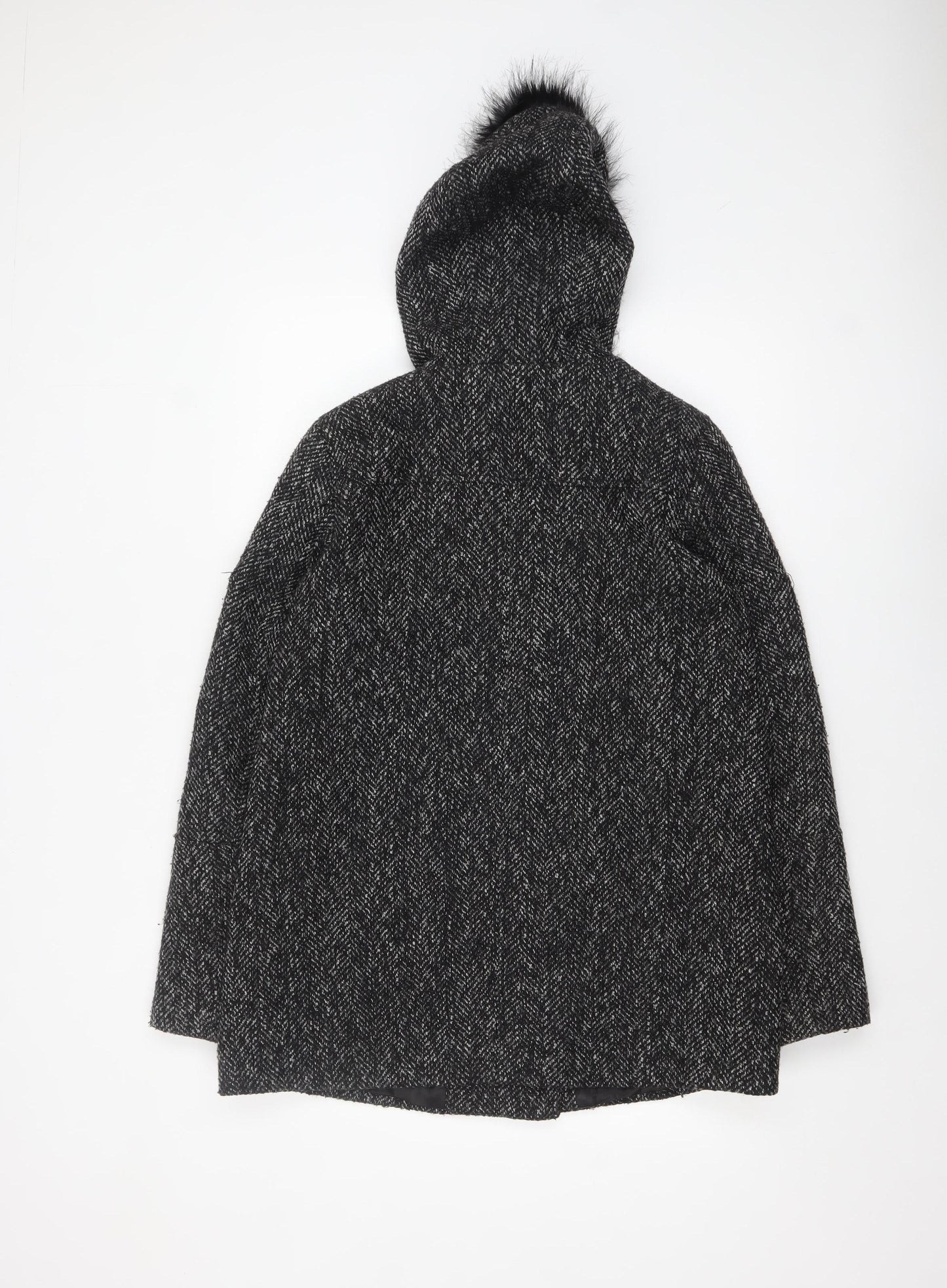 New Look Women's Black Wool Blend Faux Fur Hooded Coat Size 12