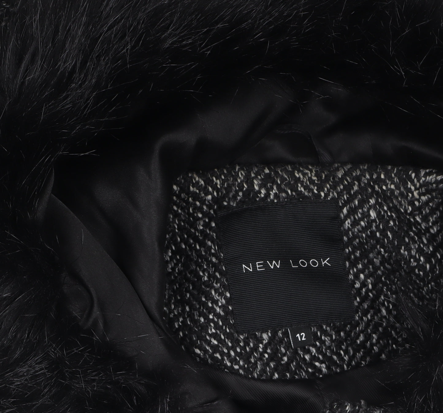 New Look Women's Black Wool Blend Faux Fur Hooded Coat Size 12