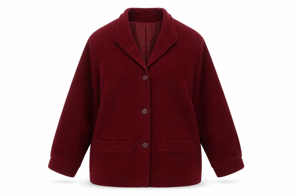 Front view of Angela Gore Women's Red Wool Overcoat, size 14, Classic Mid-Length