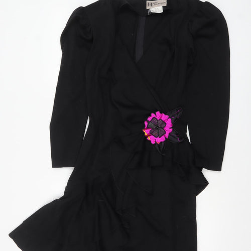 Helen Anderson Women’s Black Wool Wrap Dress Size 12 Long Sleeve Flower Detail