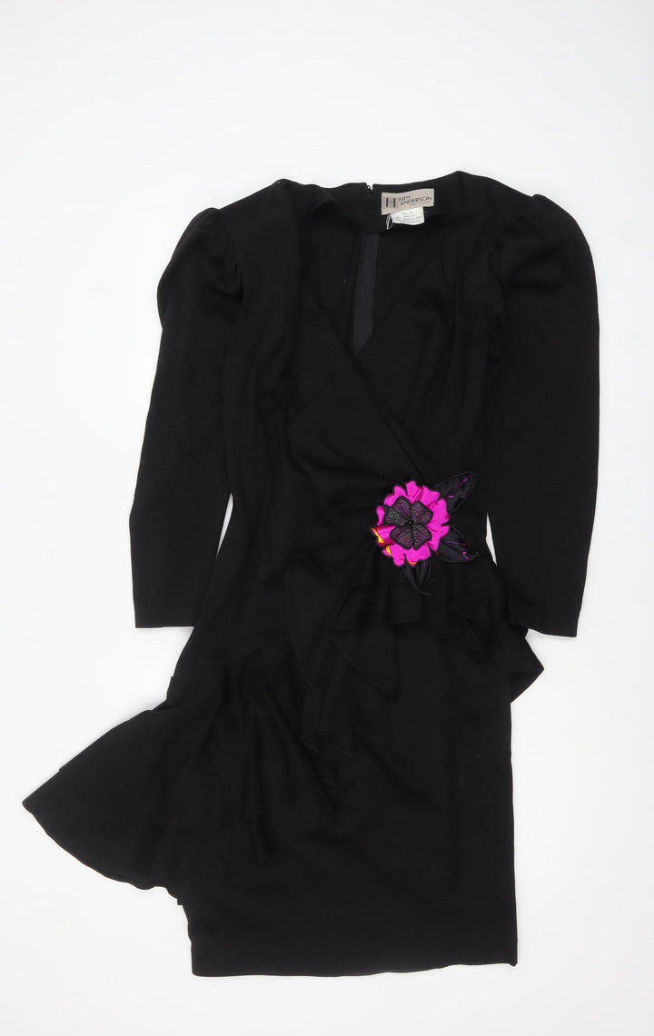 Helen Anderson Women’s Black Wool Wrap Dress Size 12 Long Sleeve Flower Detail