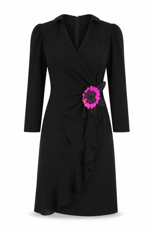 Front view of Helen Anderson Women’s Black Wool Wrap Dress, size UK 12, Long Sleeve Flower Detail