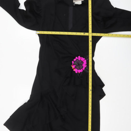 Helen Anderson Women’s Black Wool Wrap Dress Size 12 Long Sleeve Flower Detail