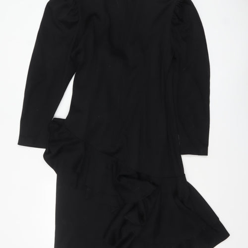 Helen Anderson Women’s Black Wool Wrap Dress Size 12 Long Sleeve Flower Detail